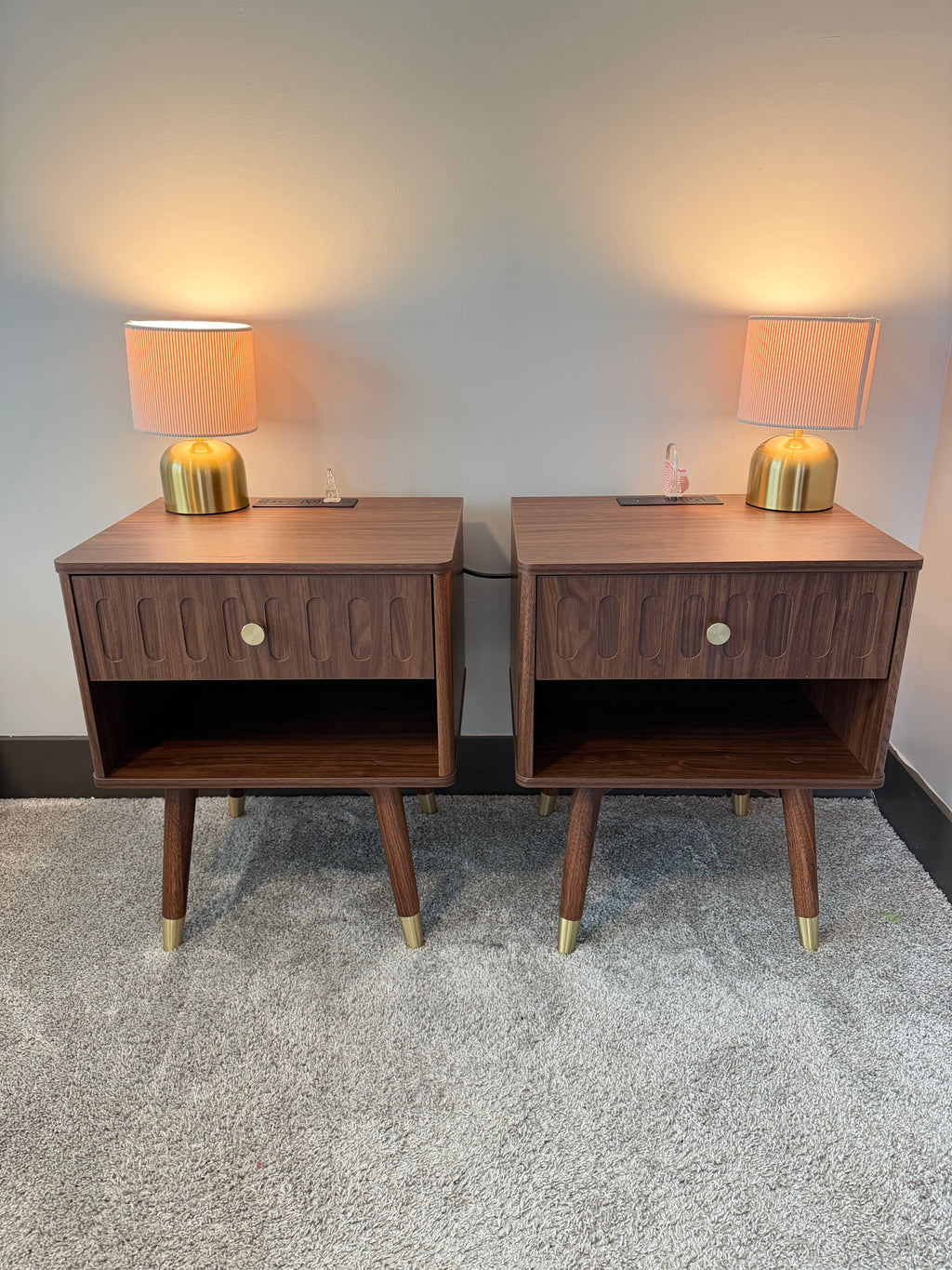 Fluted Nightstand Set with Charging Station