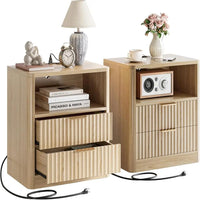 Fluted Nightstand with Charging Station — Set of 2 (Natural Oak)