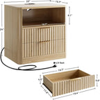 Fluted Nightstand with Charging Station — Set of 2 (Natural Oak)