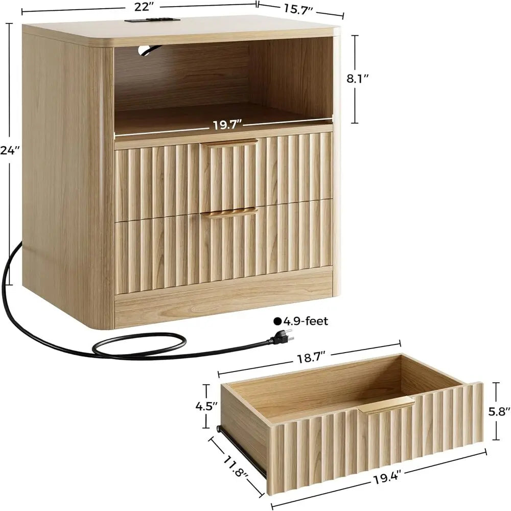Fluted Nightstand with Charging Station — Set of 2 (Natural Oak)