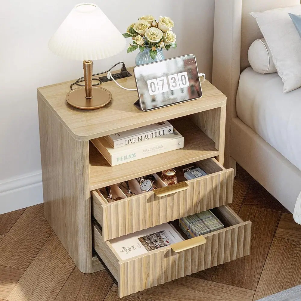 Fluted Nightstand with Charging Station — Set of 2 (Natural Oak)