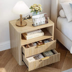 Fluted Nightstand with Charging Station — Set of 2 (Natural Oak)