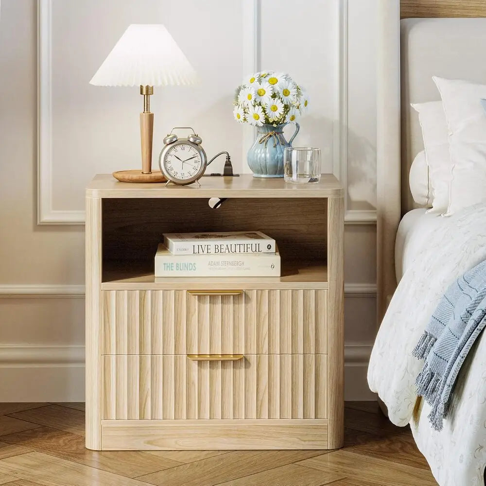 Fluted Nightstand with Charging Station — Set of 2 (Natural Oak)