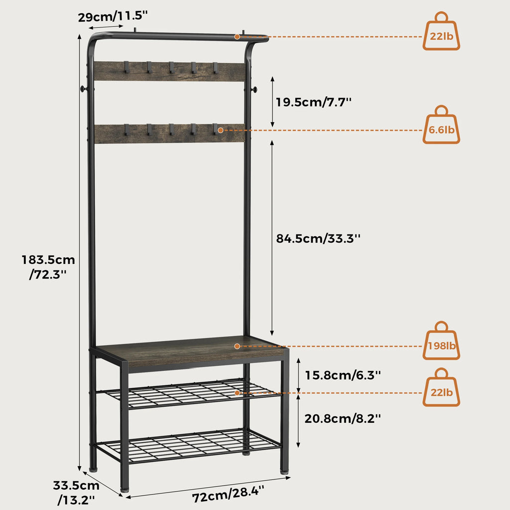 Entryway Hall Tree with Shoe Bench — Industrial Rustic