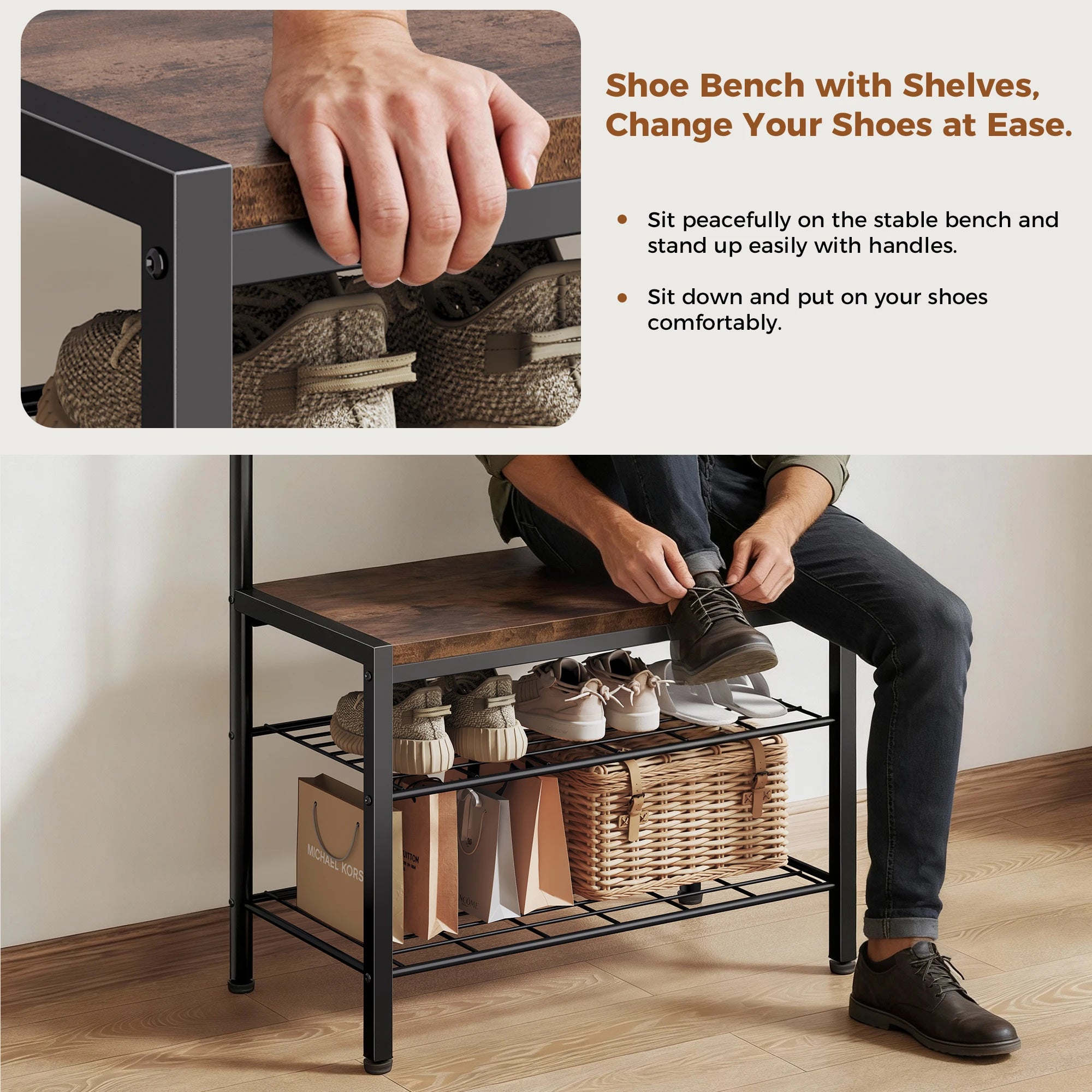 Entryway Hall Tree with Shoe Bench — Industrial Rustic