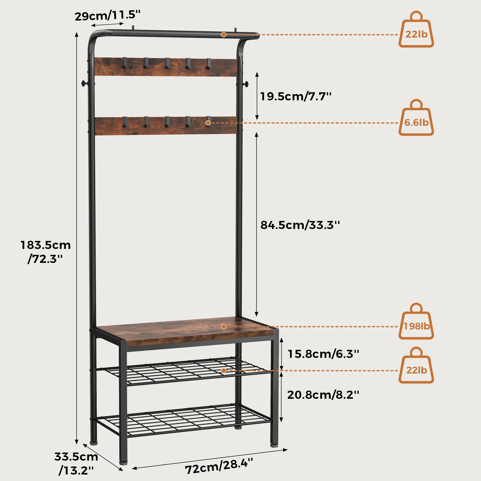 Entryway Hall Tree with Shoe Bench — Industrial Rustic