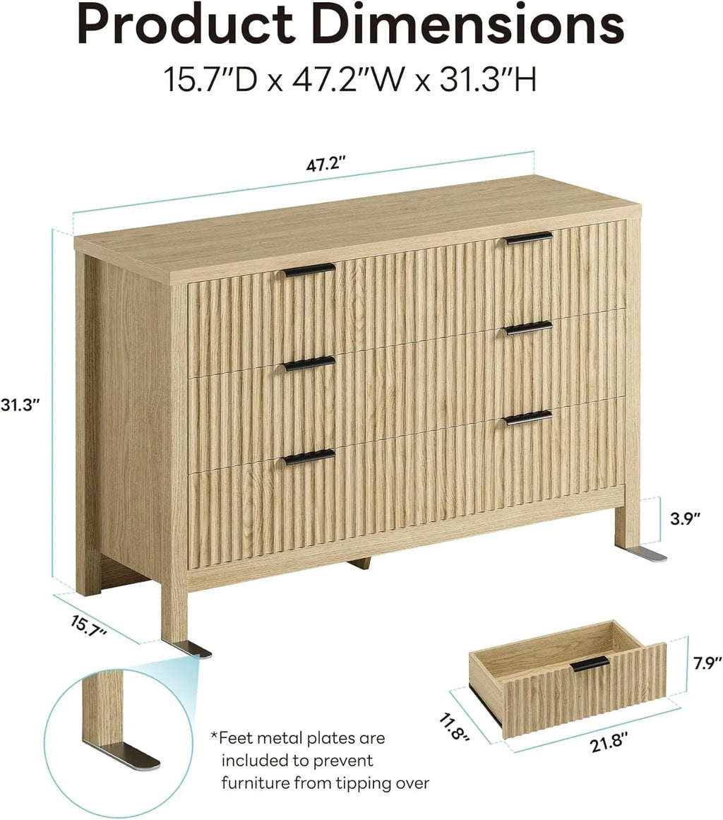 Fluted 6-Drawer Dresser — Natural Oak