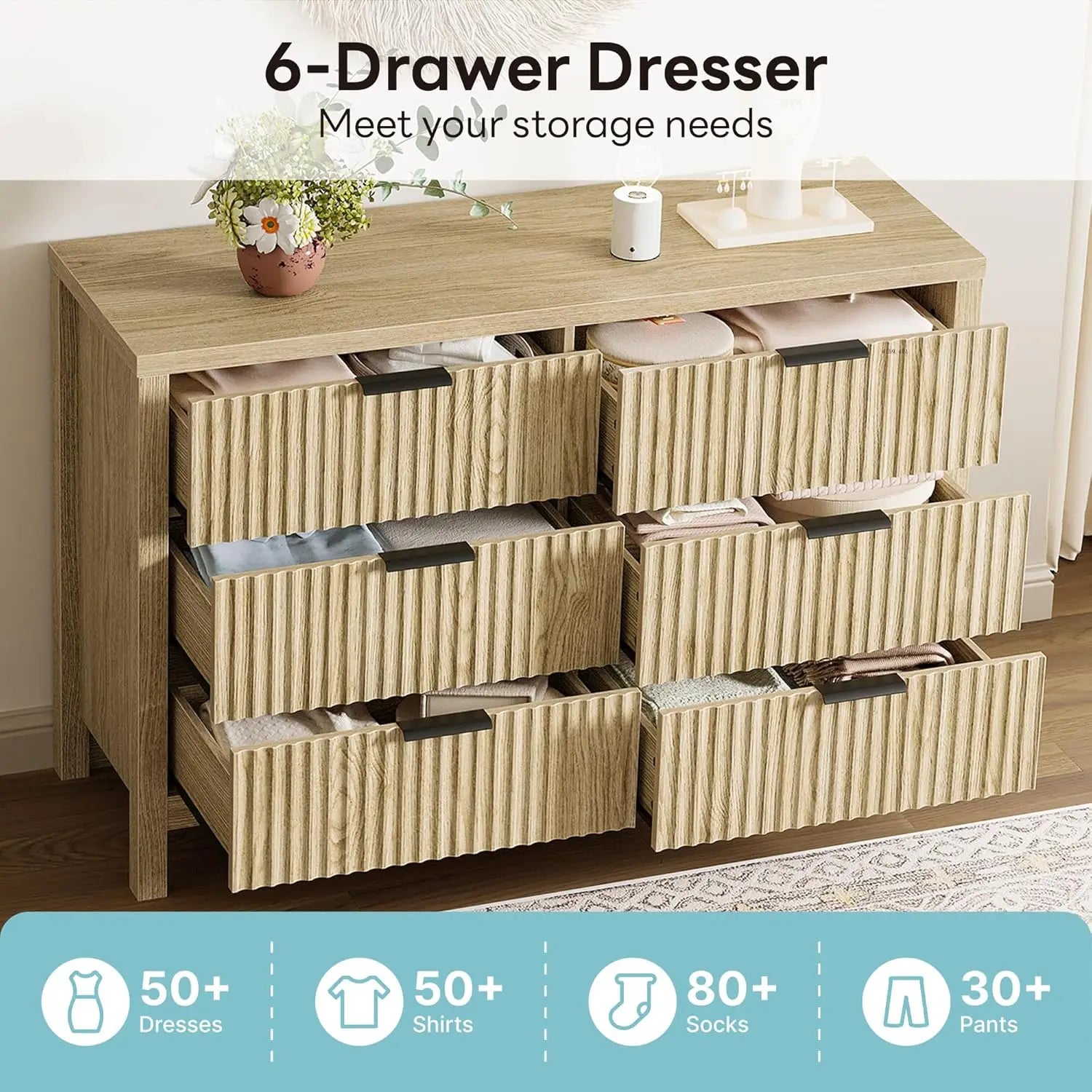 Fluted 6-Drawer Dresser — Natural Oak