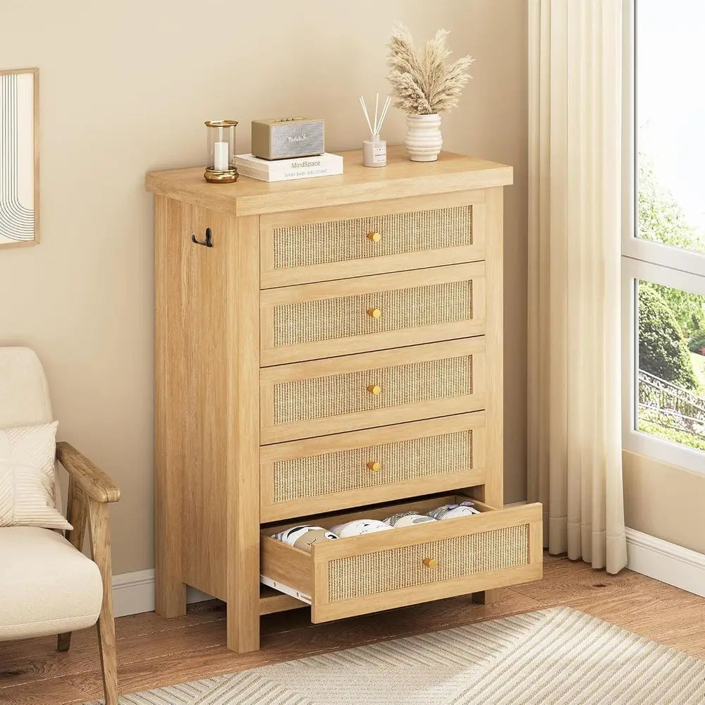 Rustic Rattan 5-Drawer Dresser