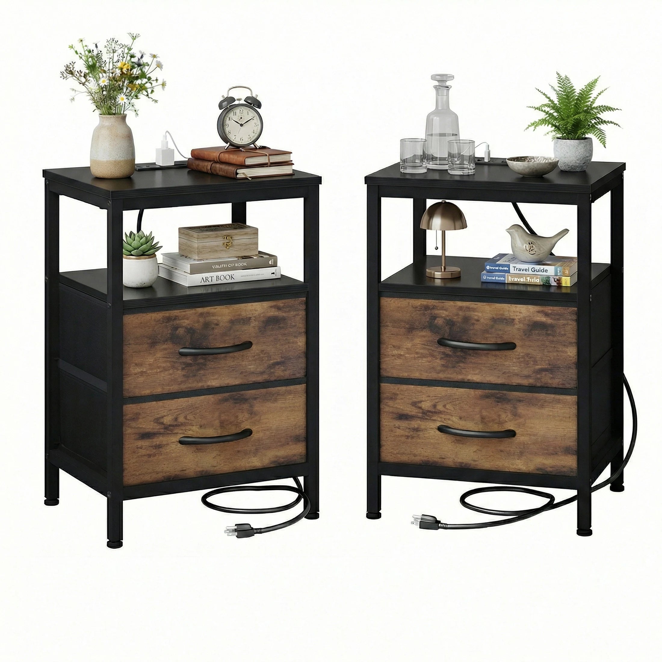 Rustic Nightstand with Charging Station — Set of 2