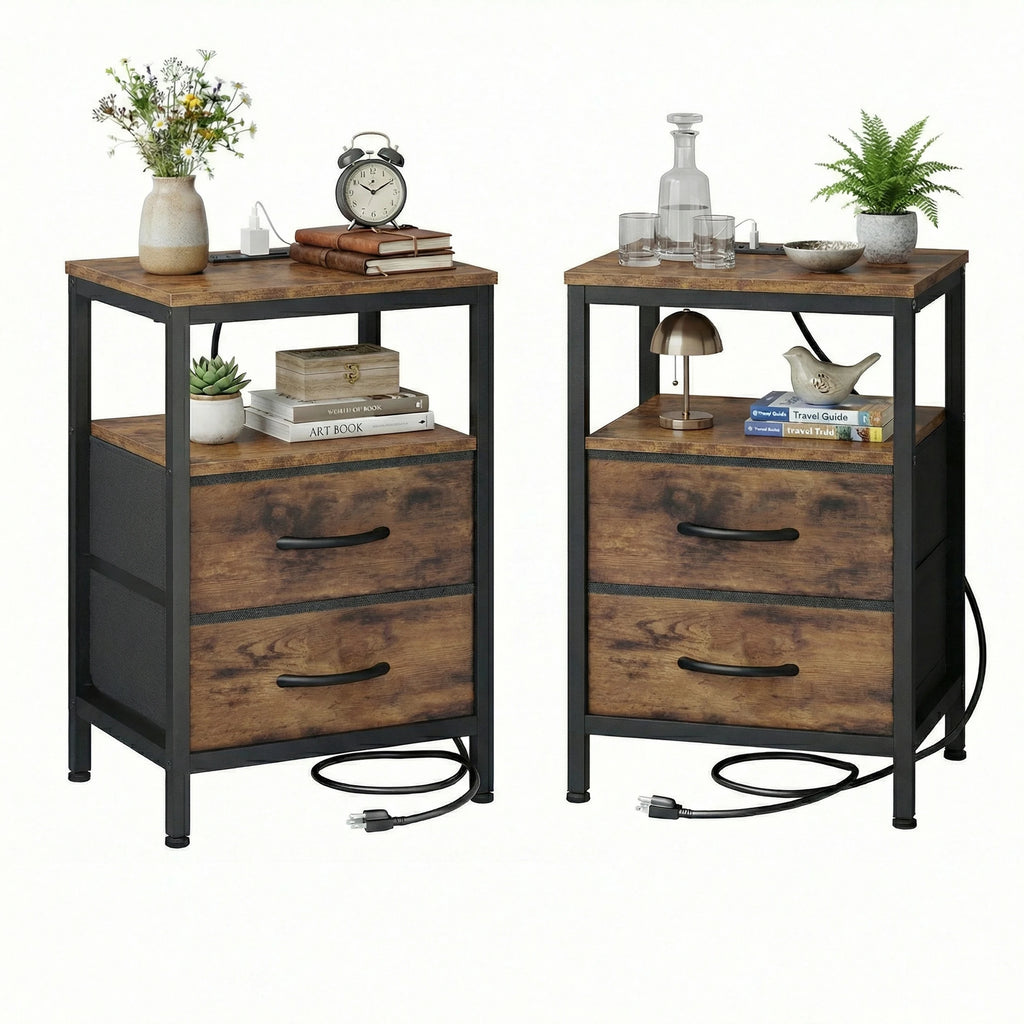 Rustic Nightstand with Charging Station — Set of 2