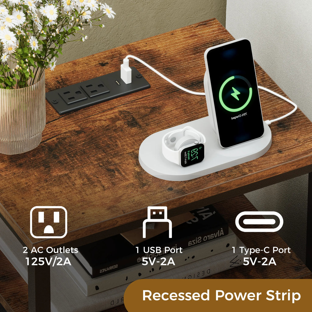 Rustic Nightstand with Charging Station — Set of 2