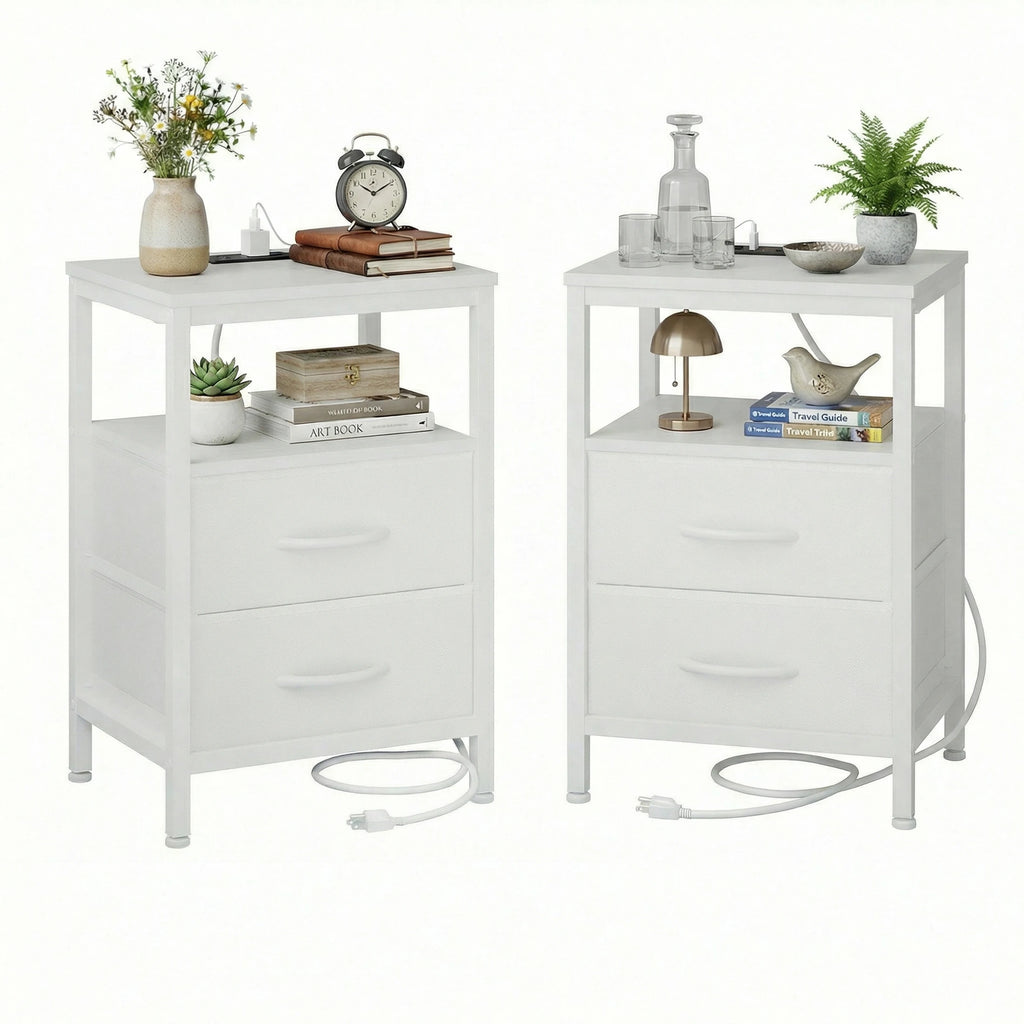 Rustic Nightstand with Charging Station — Set of 2