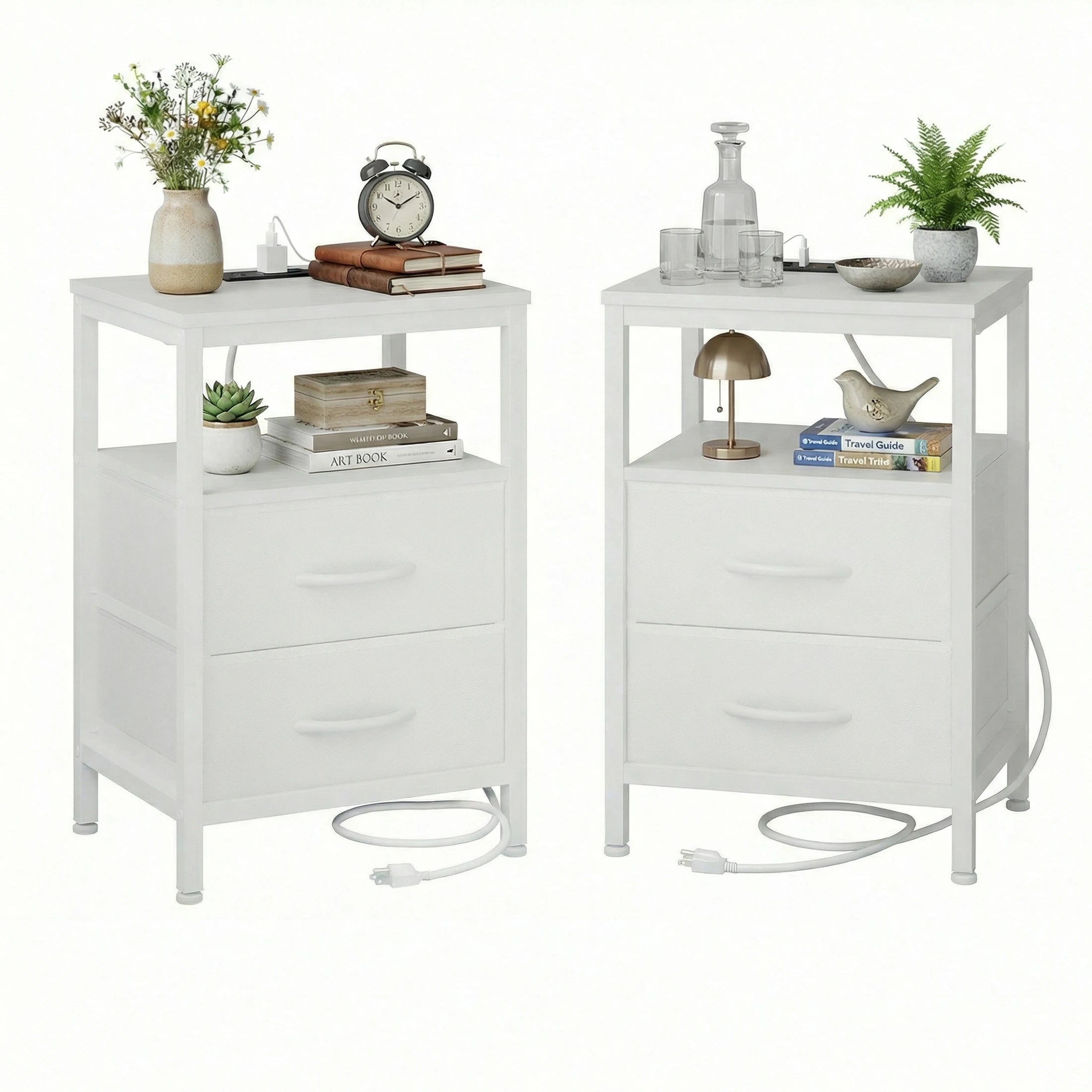 Rustic Nightstand with Charging Station — Set of 2