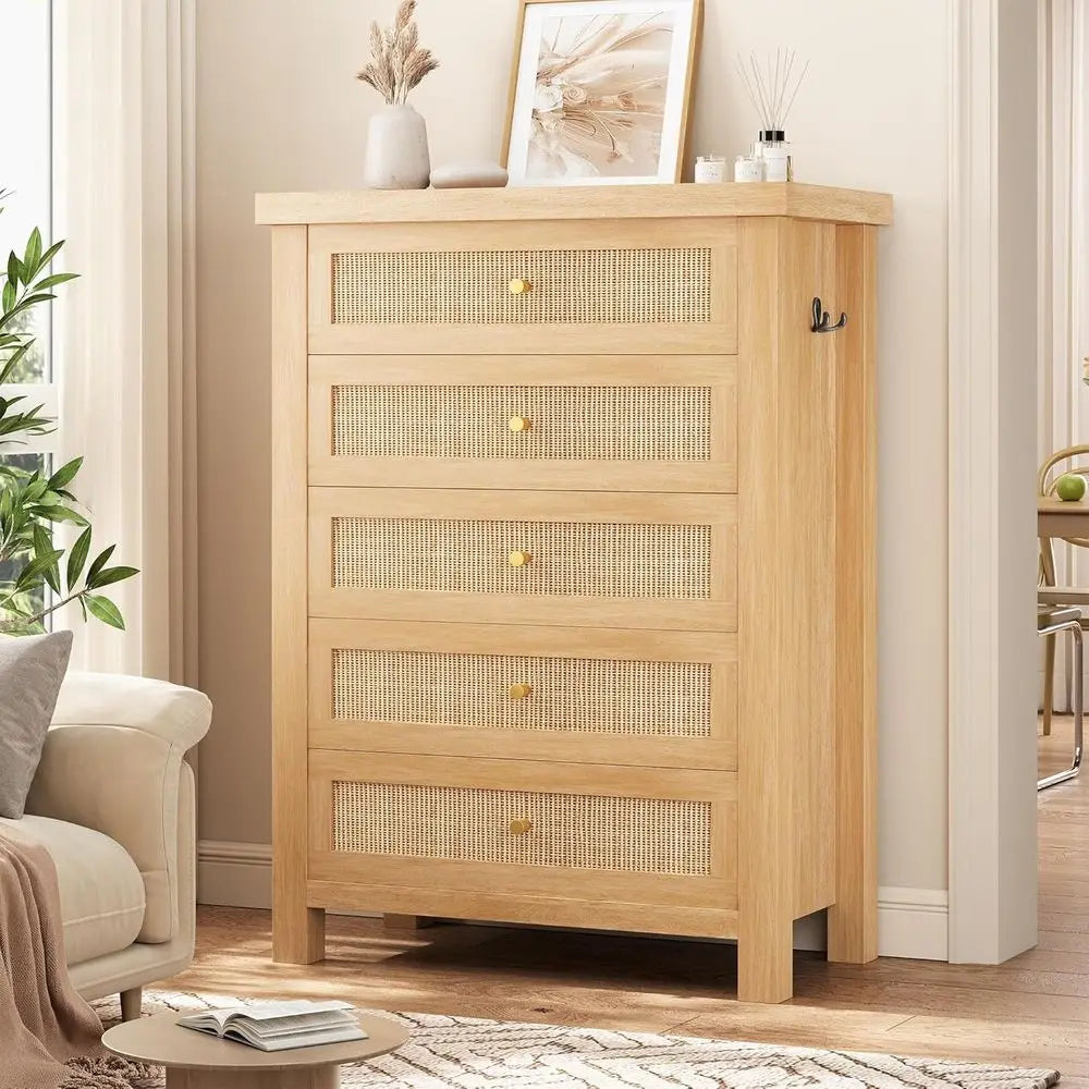 Rustic Rattan 5-Drawer Dresser