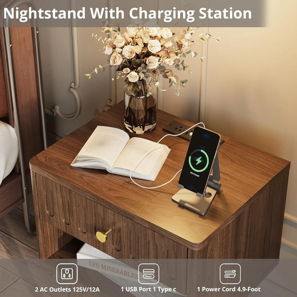 Fluted Nightstand with Charging Station