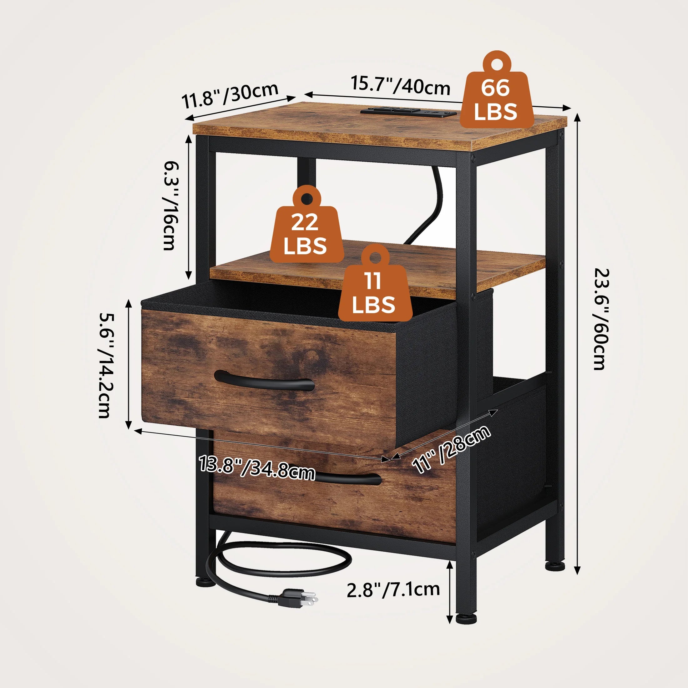 Rustic Nightstand with Charging Station — Set of 2
