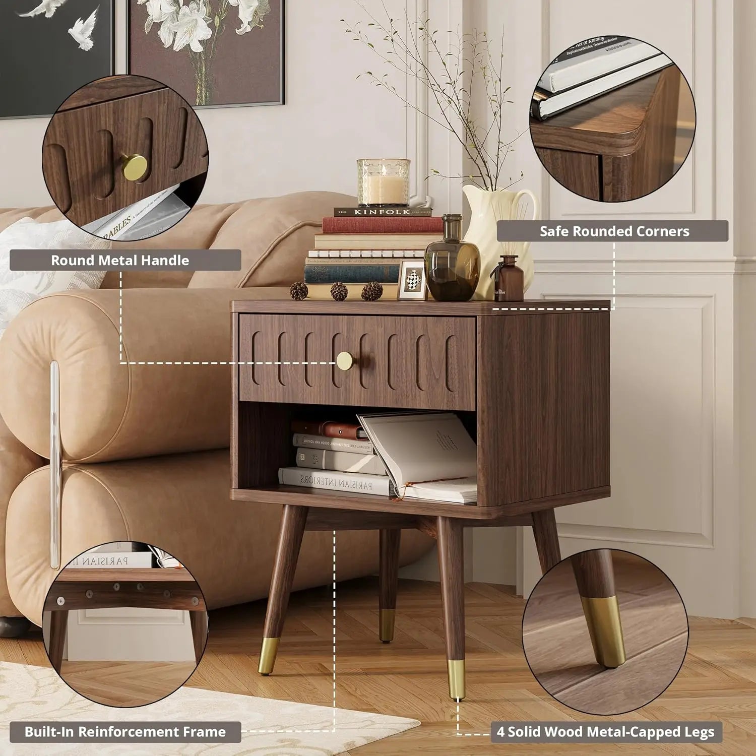 Fluted Nightstand with Charging Station