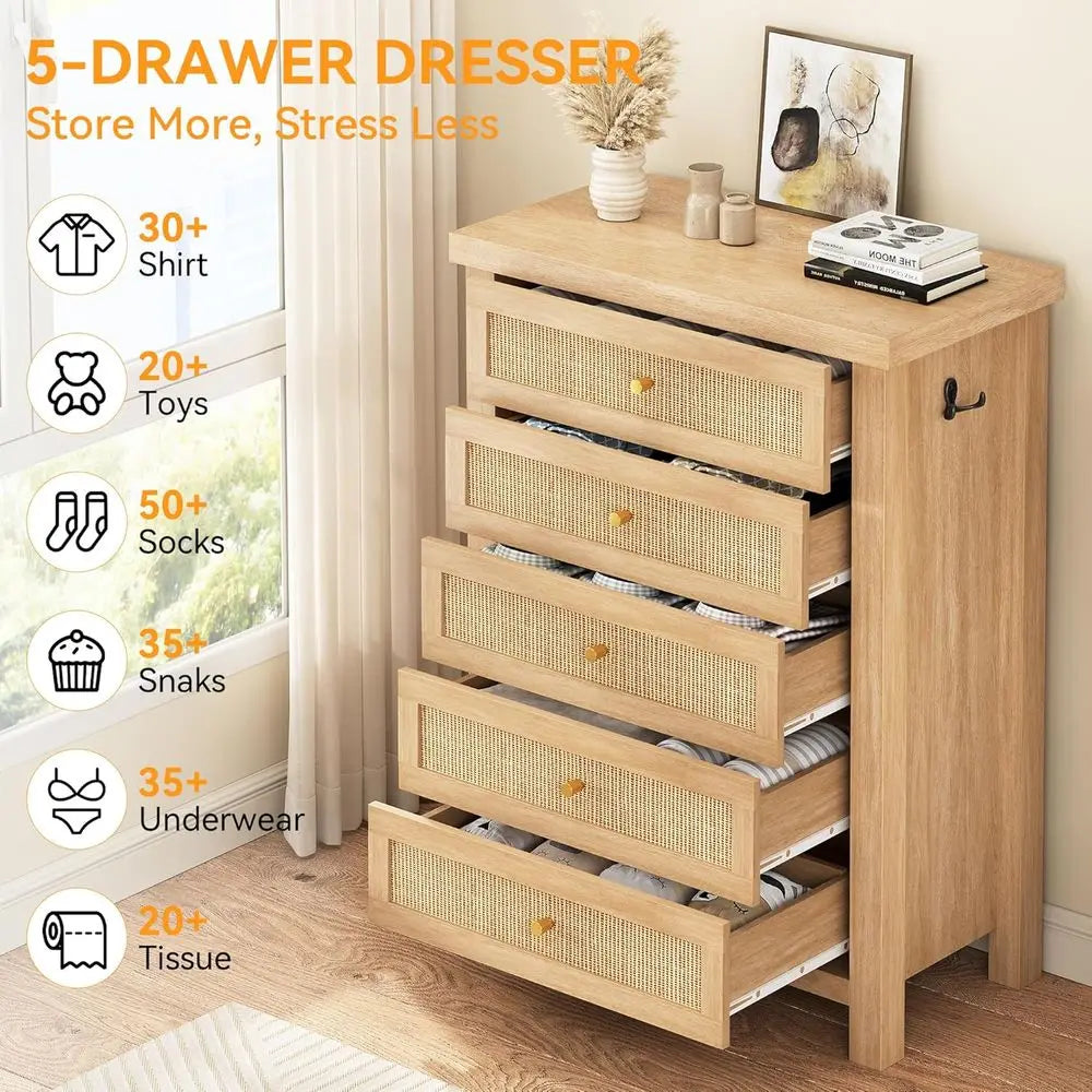 Rustic Rattan 5-Drawer Dresser