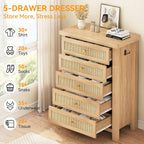 Rustic Rattan 5-Drawer Dresser