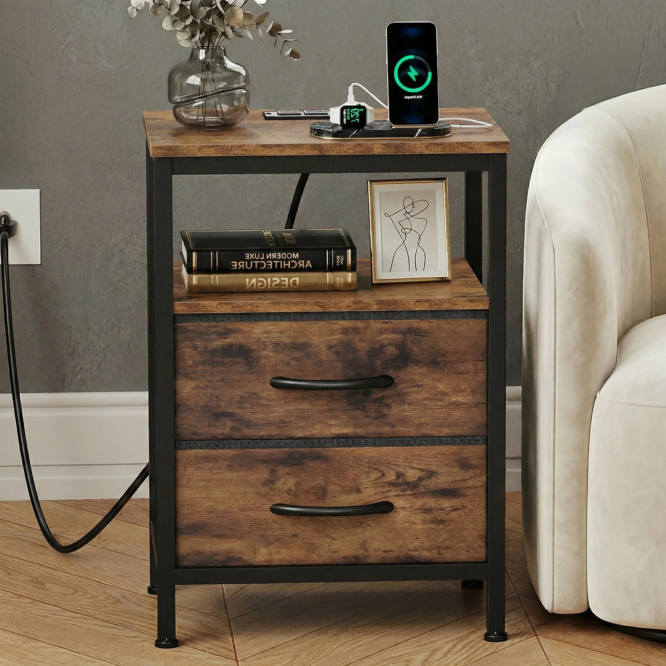 Rustic Nightstand with Charging Station — Set of 2