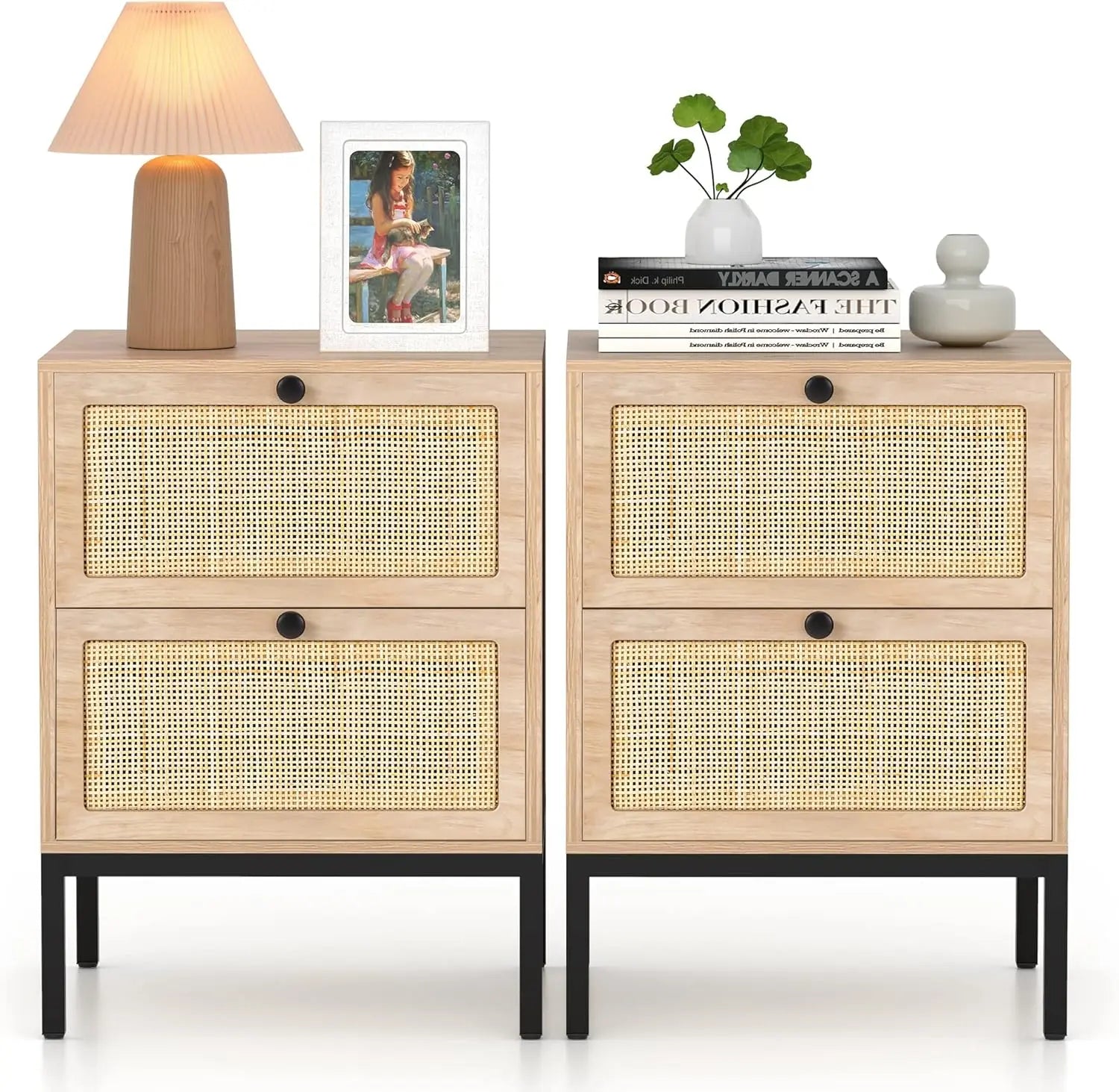 Boho Rattan Nightstands Set