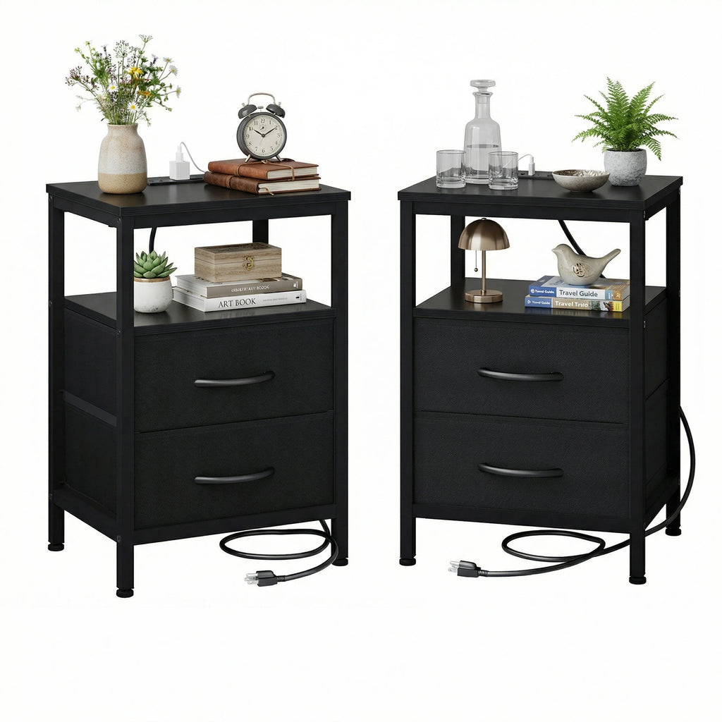 Rustic Nightstand with Charging Station — Set of 2