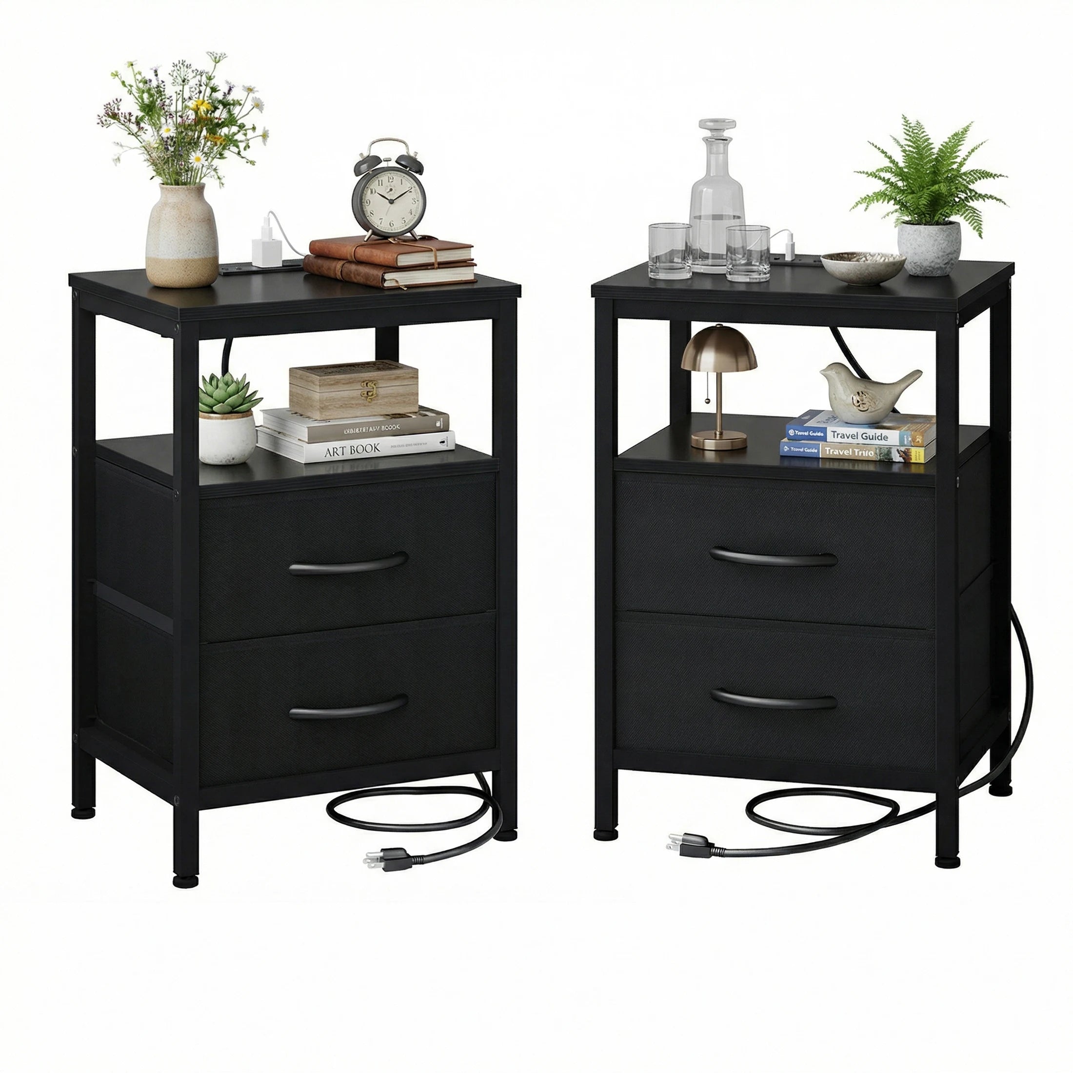 Rustic Nightstand with Charging Station — Set of 2